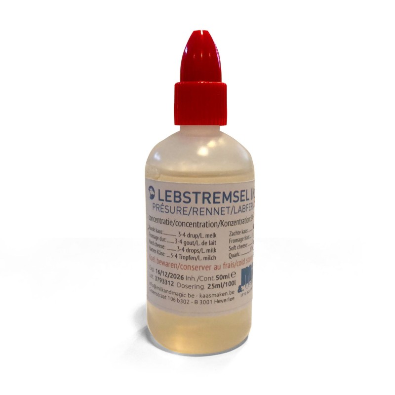 Présure de veau. En flacon compte-gouttes pratique de 50 ml.